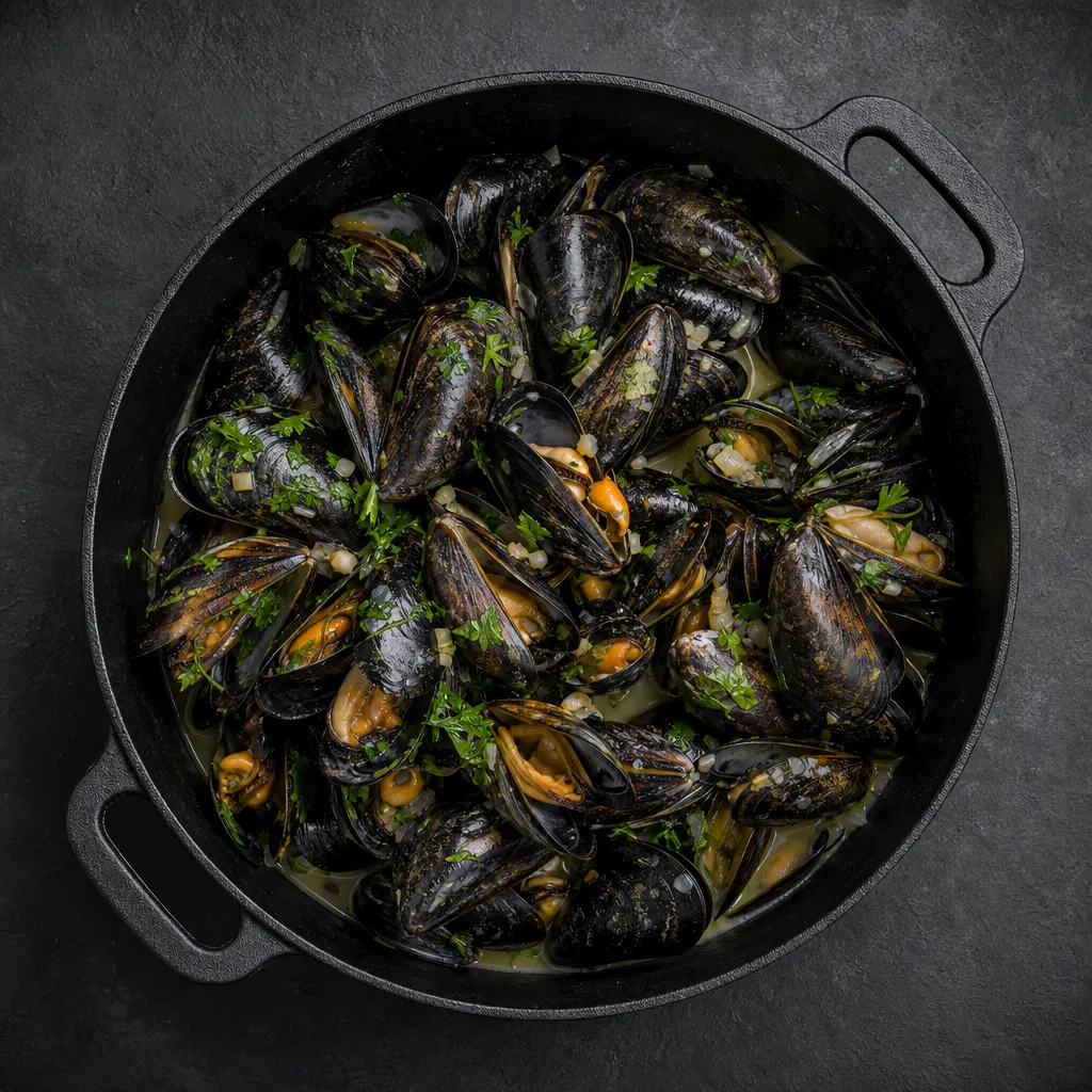 Open Zeeuwse mosselen in een gietijzeren pot.