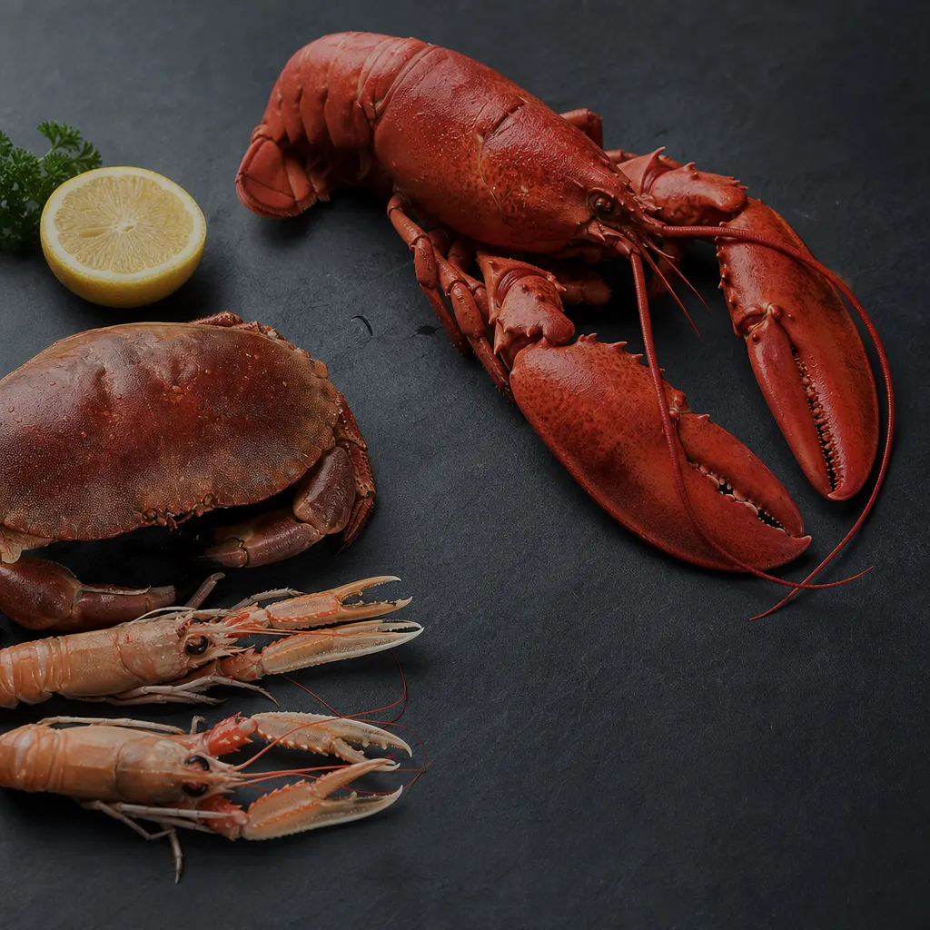 Kreeft, krab en langoustines op leisteen.