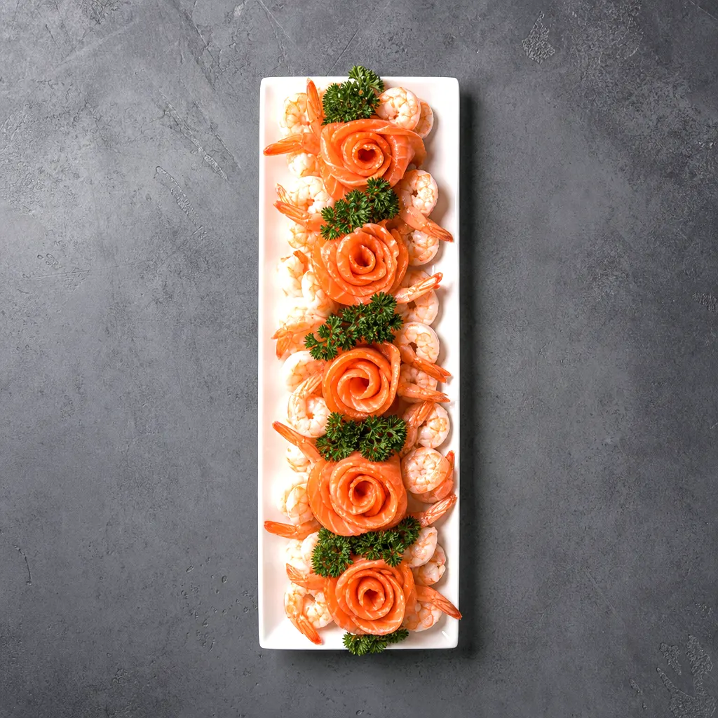 Koud traiteurschotel met zalm en garnalen.