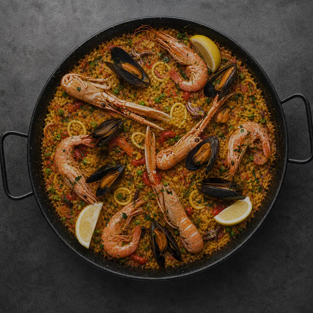 Verse paella met saffraanrijst en schaaldieren.