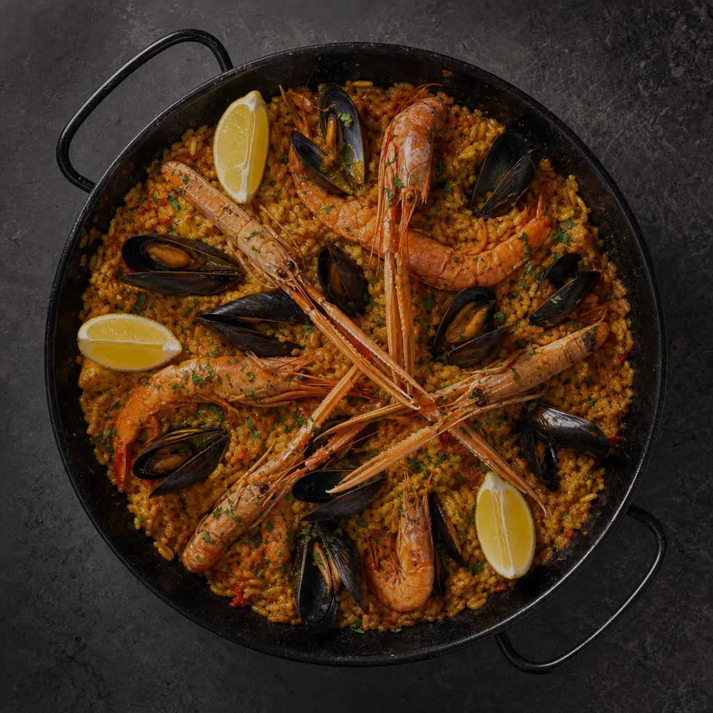 Verse paella met saffraanrijst en schaaldieren.